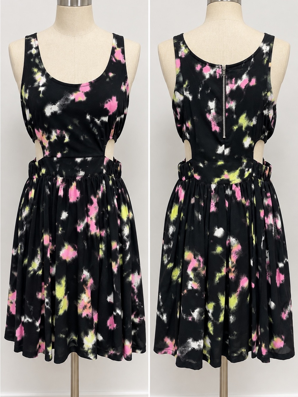 Material Girl Black Tie-Dye Cutout Skater Dress - Pink & Yellow
